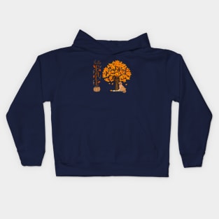 Golden Retriever Dog under Autumn Tree with Hello Fall Sign and Pumpkin Kids Hoodie